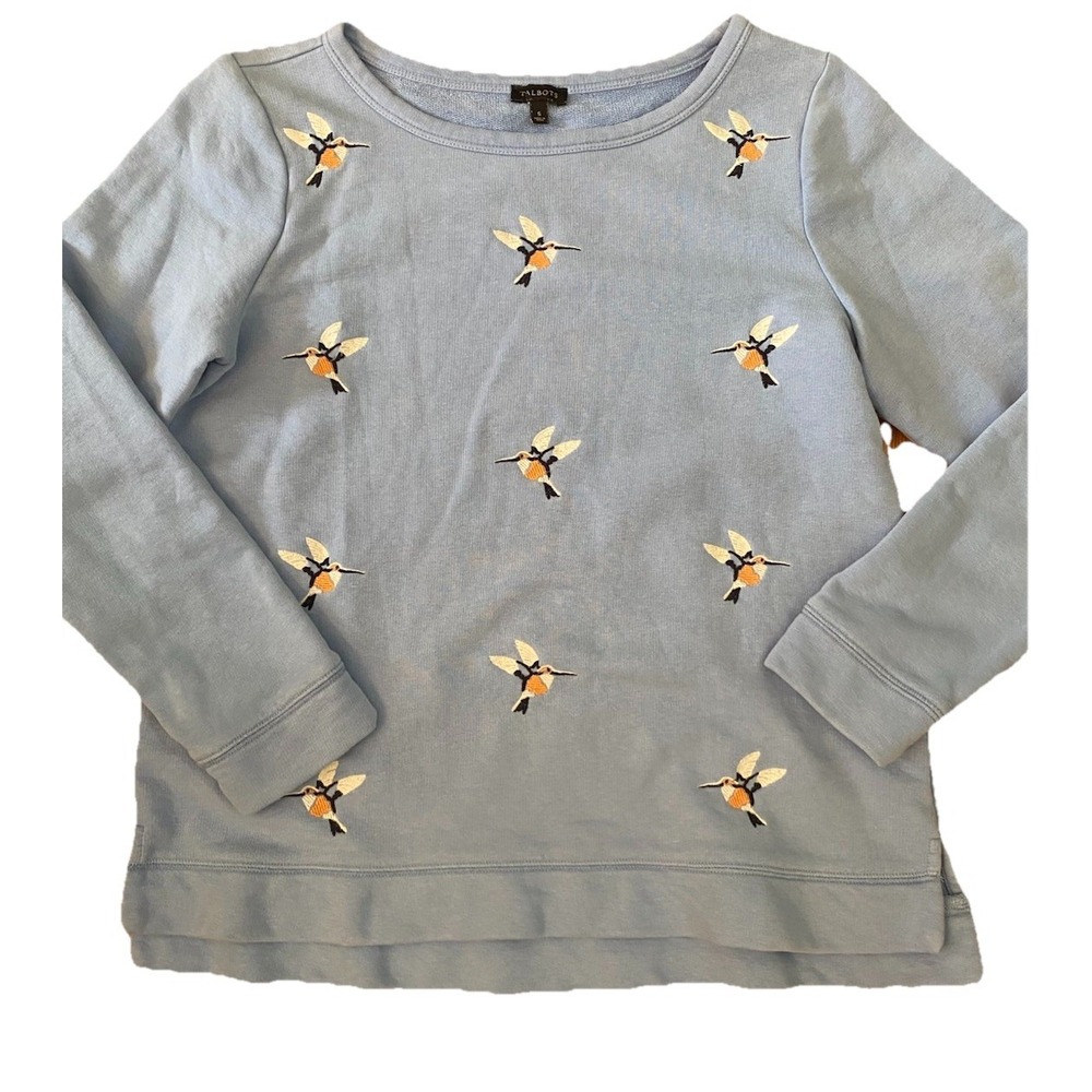 Talbots‎ Blue Hummingbird Embroidered Sz S Sweatshirt Coastal Boho Cottagecore